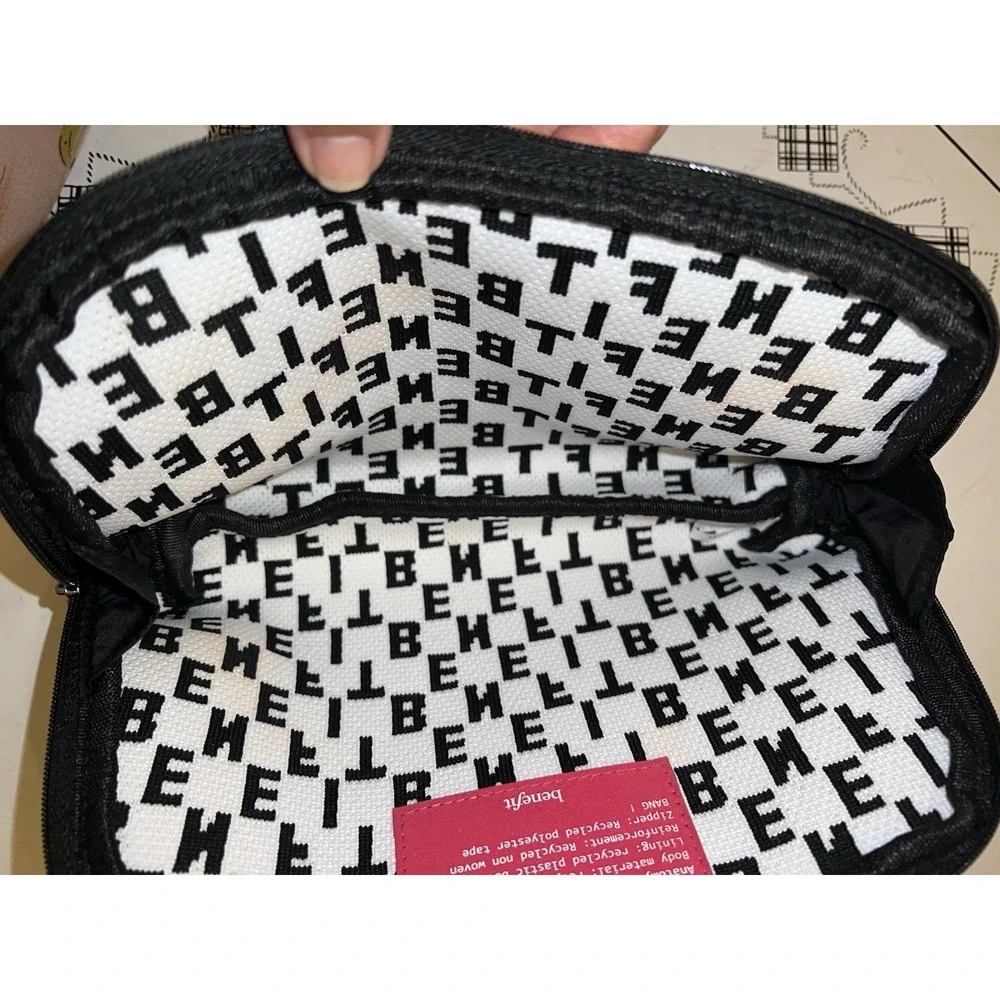 Benefit Cosmetics Black White Knit Monogram Cosmetic Bag Wide Opening